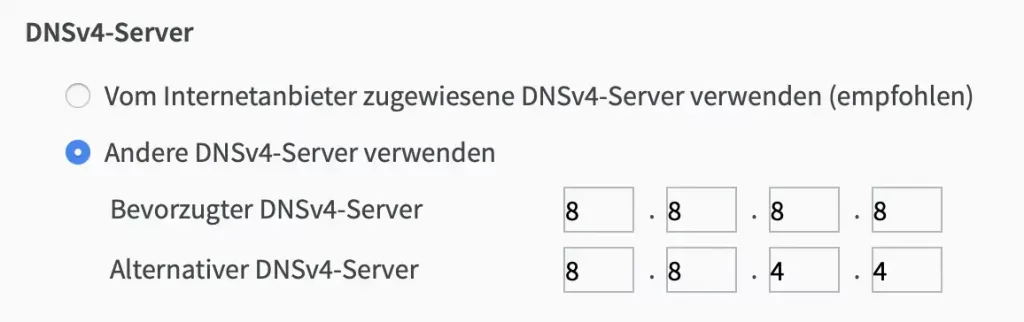 FRITZ!Box Google DNSv4 eingetragen