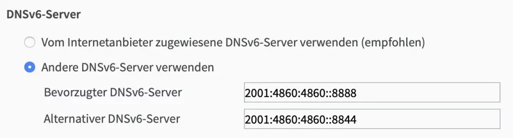 FRITZ!Box Google DNSv4 eingetragen
